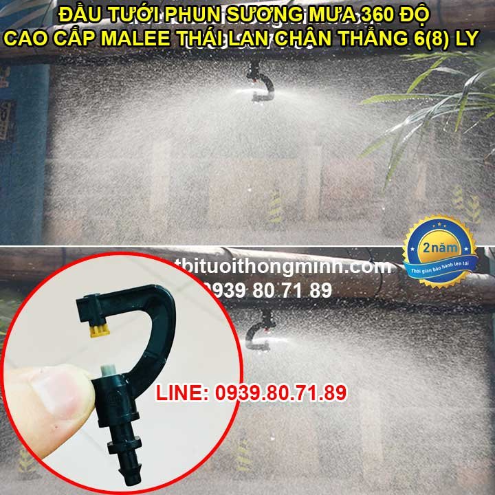 Đầu béc tưới phun sương mịn tròn 360 độ chân thẳng 6mm và 8mm Malee (Nhựa tốt, có UV chống ăn mòn, độ bền cực cao)(Chống nghẹt, côn trùng)