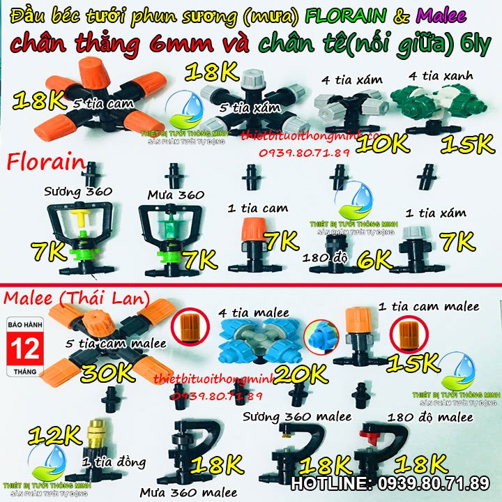 Đầu béc tưới phun sương chân tê thẳng 6ly Florain Malee