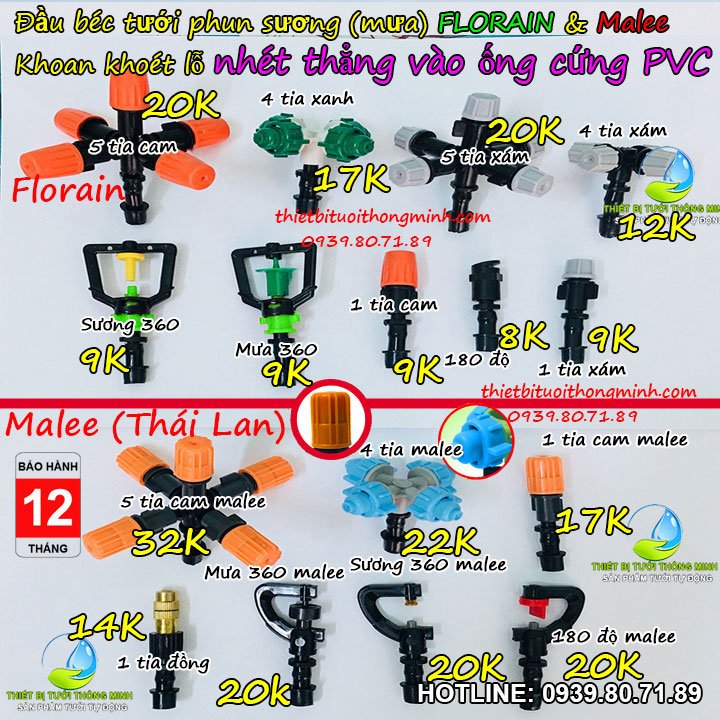 Đầu béc phun sương tưới lan gắn ống cứng pvc