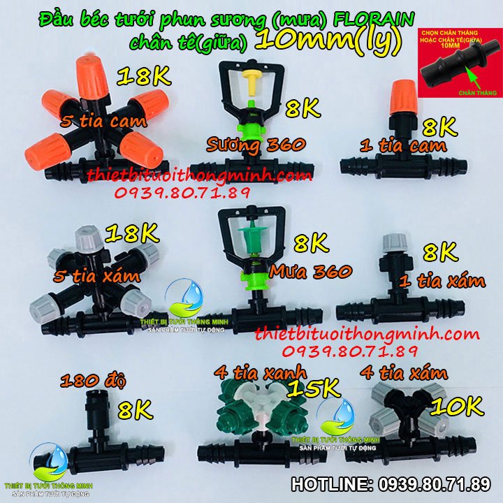Đầu vòi béc tưới phun sương thuốc sâu tưới lan gắn ống 10mm Florain