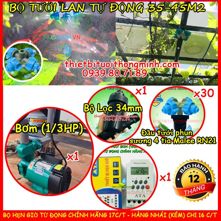 Hệ thống hẹn giờ máy bơm phun sương tưới lan tự động 35-45m2 Florain (B/H 12T 1 đổi 1)(Hẹn giờ chính hãng 17C/T hàng nhái kém 16 C/T)(Ống dẫn chính PVC)(Đầu tưới thái lan)