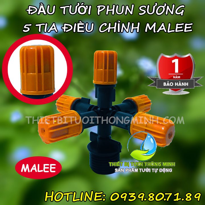 Đầu tưới phun sương nhựa 5 cửa ren ngoài 21mm Malee Mist-5A (điều chỉnh được, cao cấpThái Lan, UV chống ăn mòn)