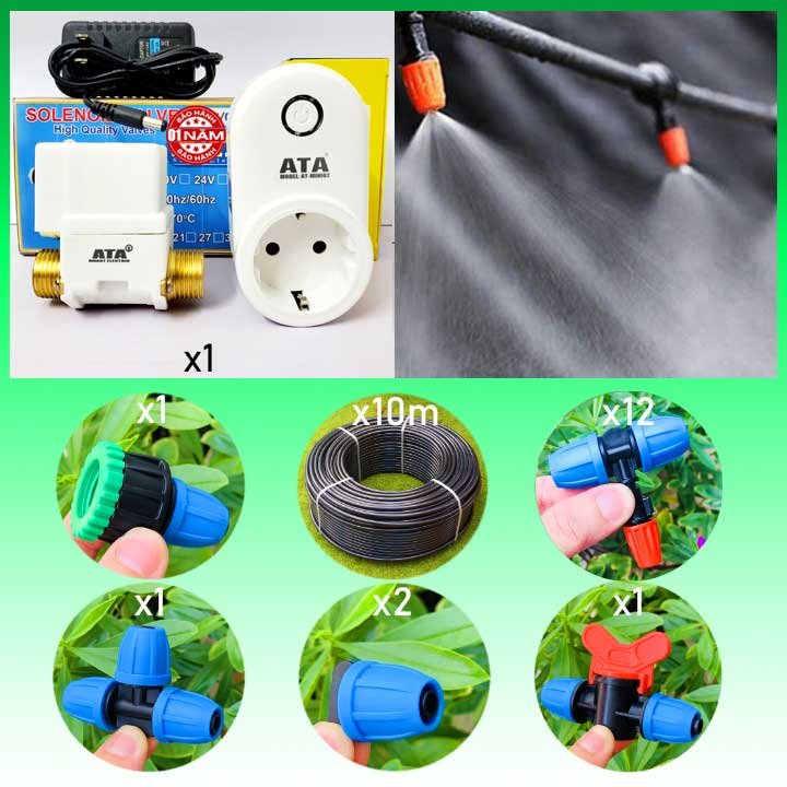 Bộ phun sương tưới lan hẹn giờ wifi điều khiển từ xa điện thoại 12 đầu béc 1 tia ATA FS-03 (Phụ kiện, ống Thái Lan – Bảo hành 1 năm)