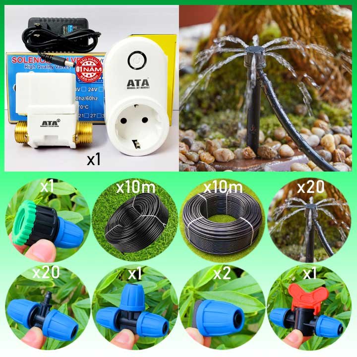 Bộ hẹn giờ tưới cây wifi từ xa bằng điện thoại 20 đầu tưới nhỏ giọt phun nước 8 tia ATA B7 (Phụ kiện, ống Thái Lan – Bảo hành 1 năm)