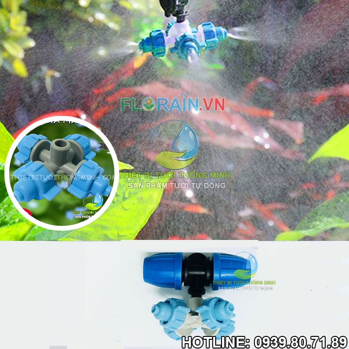 Béc phun sương 4 vòi tưới gắn ống 12mm cao cấp Florain (cao cấpThái Lan, UV chống ăn mòn)