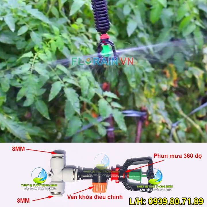 Béc phun mưa 360 độ ống 8mm cao cấp Florain (Có van điều chỉnh)