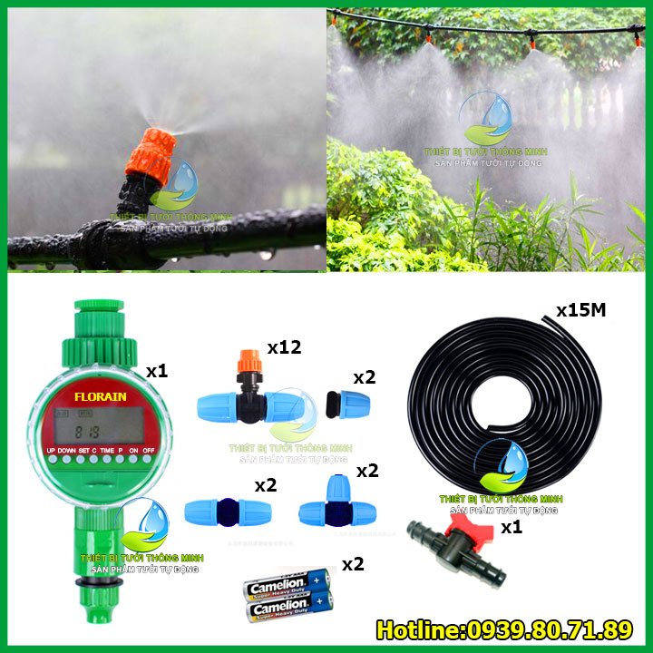 Bộ kit phun sương tưới lan tự động dùng pin Florain 12 đầu béc (nhựa tốt thái lan, khớp chống bung, ống 12mm)
