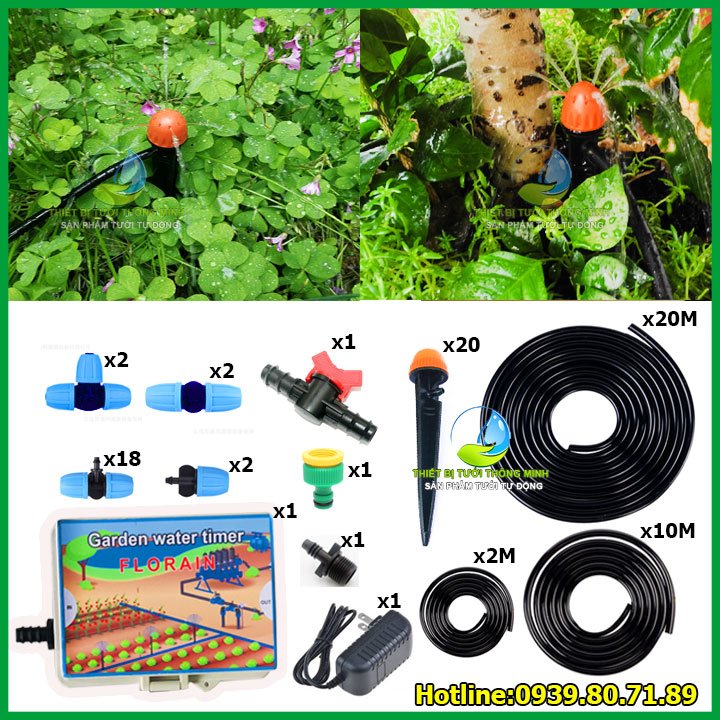 Bộ kit tưới gốc cây tự động dùng điện Florain 20 đầu phun nước 8 tia (thái lan)