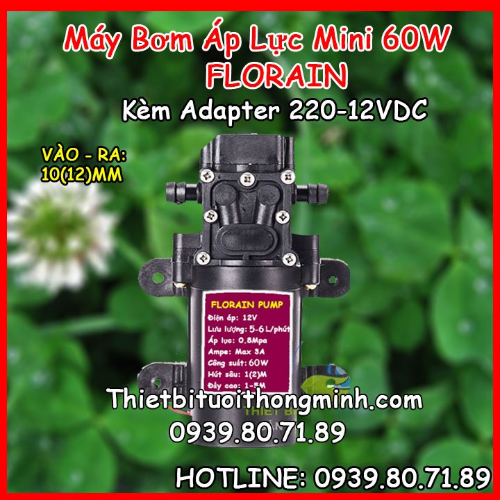 Máy bơm tăng áp mini Florain 60W (gắn ống 12mm, kèm nguồn adatper xịn 12V)