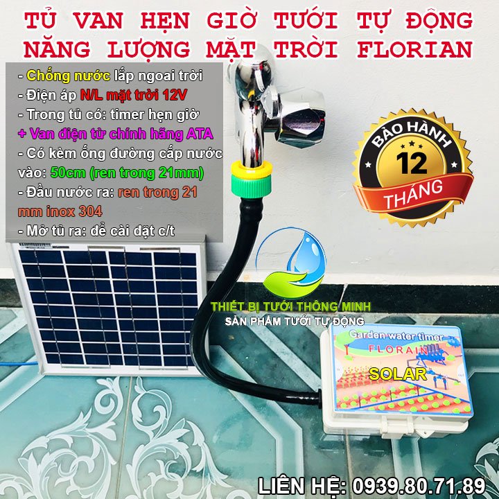 Bộ hẹn giờ tưới cây tự động năng lượng mặt trời Florain Mã: FL-03MT (Không cần Pin, không cần điện)(Tủ chống nước lắp ngoài trời)(B/H 12)(S/P chính hãng ổn định, bền bỉ)(Điện áp PIN mặt trời an toàn)(Lắp đặt dễ dàng có dây chờ nước vào 1m)(Tặng kèm 5m dây từ tấm pin đến bộ tự đông)
