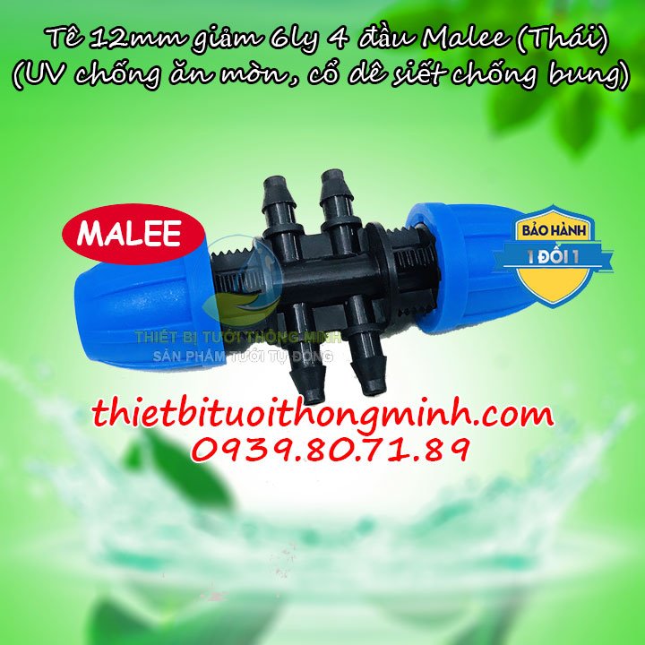 Đầu chuyển nối 12mm ra 4 đầu 6mm Malee (nhựa tốt, có UV chống ăn mòn, cổ dê chống bung)
