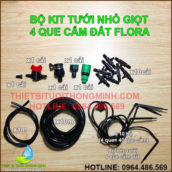 Bộ KIT 10 bộ đầu tưới nhỏ giọt 4 que cắm đất(gốc) FLORA (20.40 và 60 que cắm gốc)