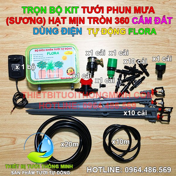 Trọn bộ tưới phun mưa(sương) 360 độ tự động FLORA dùng điện (5,10 hoặc 15 béc)
