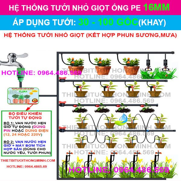 Mô hình tưới cây nhỏ giọt sử dụng ống mềm PE 16mm FLORA (áp dụng 30-100 gốc, khay, chậu)