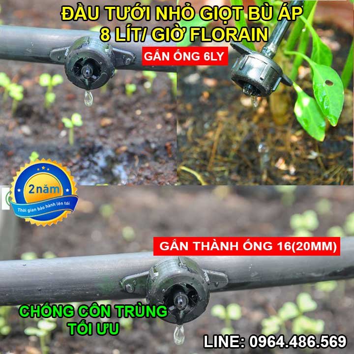 Đầu tưới bù áp 8 Lít/H nhỏ giọt (Gắn ống 6ly hoặc thành ống pe 16, 20mm)(Chống nghẹt, chống côn trùng)(Nhựa tốt, độ bền cao, có UV chống ăn mòn)