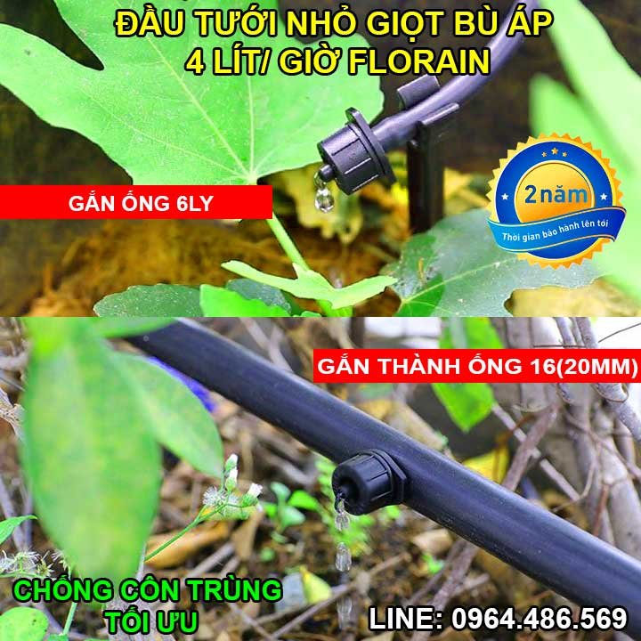 Béc tưới bù áp 4 lít/h (Gắn ống 6ly hoặc thành ống pe 16, 20mm)(Chống nghẹt, chống côn trùng)(Nhựa tốt, độ bền cao, có UV chống ăn mòn)