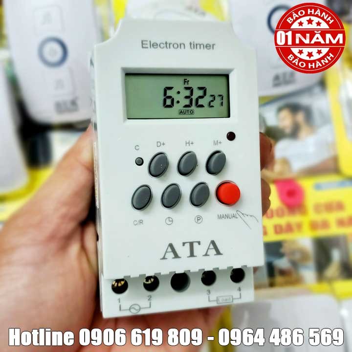 Thiết bị hẹn giờ máy bơm nước tưới cây van điện từ ATA 28 lần hẹn giờ (Bảo hành 12 tháng)(Chế độ cảnh báo khi cài đặt sai, chế độ tự động ngắt khi quá tải bảo vệ thiết bị)(đồng hồ điện tử chính xác, pin sạc lưu cài đặt)(chịu tải bơm 750W)