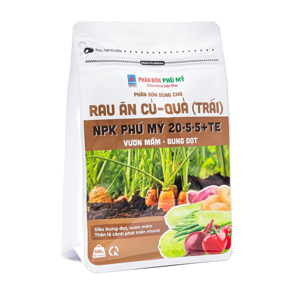 NPK Phú Mỹ 20-5-5 + TE Rau ăn củ – quả – Gói 500gram