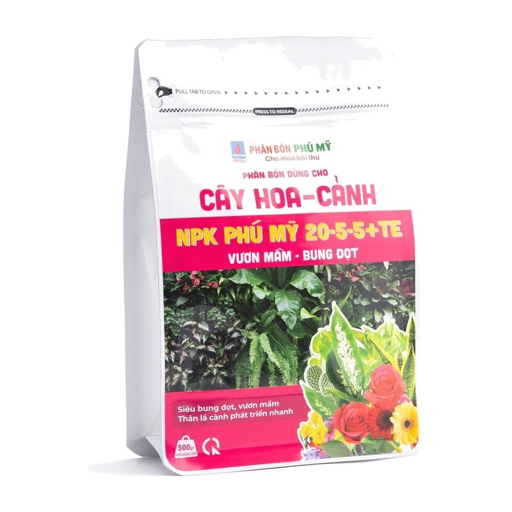 Phân bón NPK Phú Mỹ 20-5-5+TE Cây hoa – cảnh – Gói 500gram