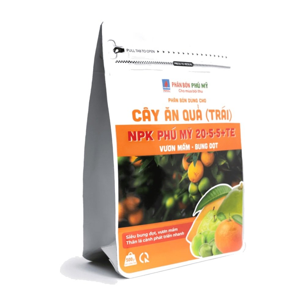 Phân NPK Phú Mỹ 20-5-5 + TE Cây ăn quả – Gói 500gram