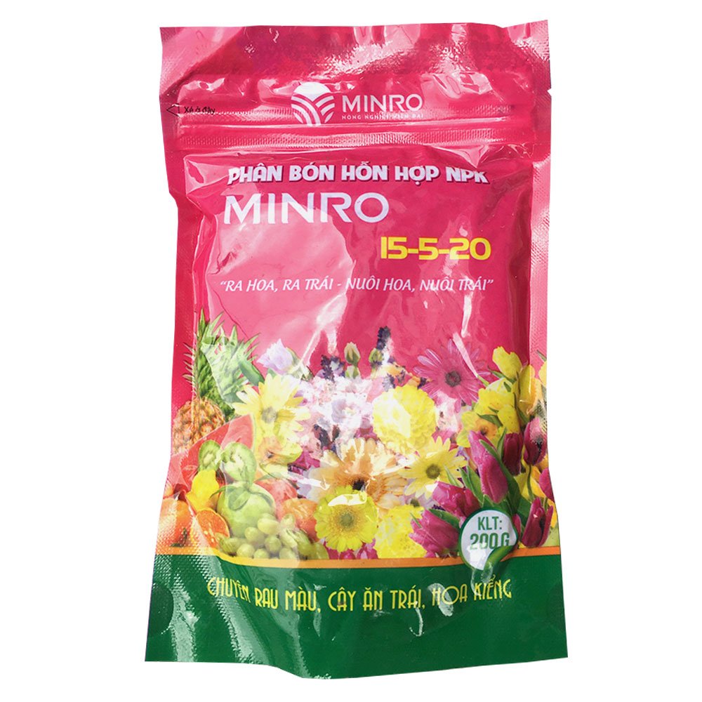 Phân bón NPK 15-5-20 Minro kích ra hoa nuôi trái lớn nhanh – Túi 200gr-1KG