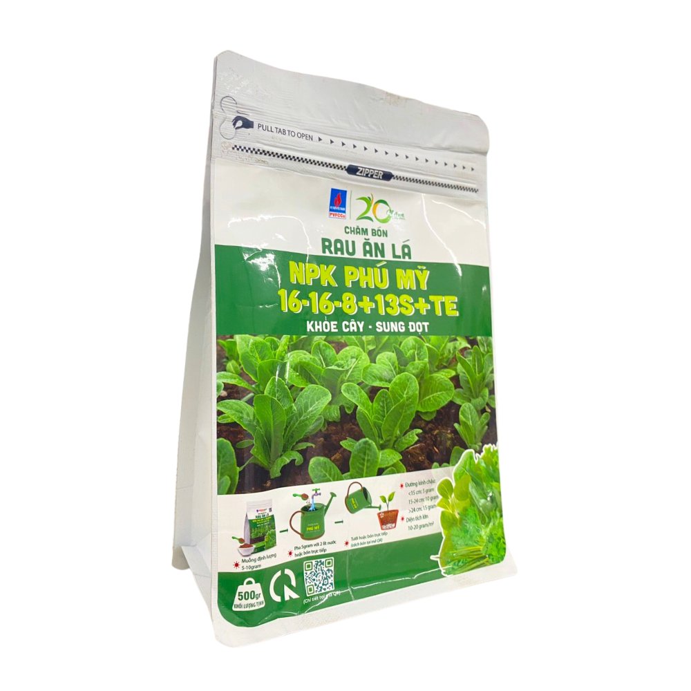 Phân NPK Phú Mỹ 16-16-8+13S+TE dùng cho rau ăn lá – Túi 500 gram