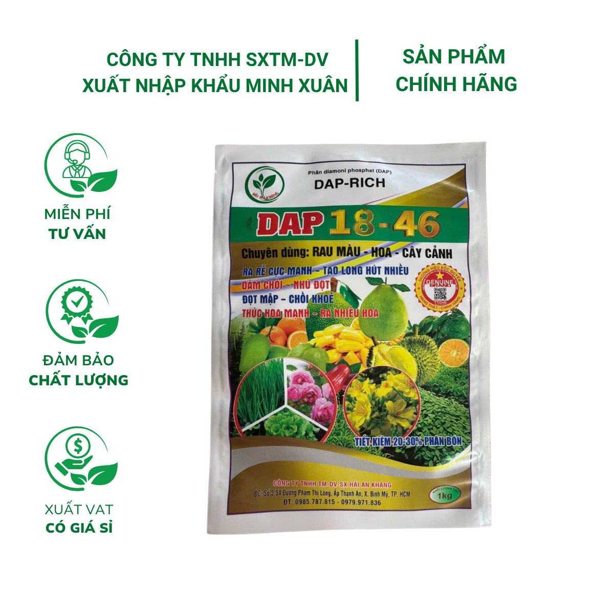Phân DAP 18-46 (1kg) – Chuyên dùng cho rau màu – hoa – cây cảnh, giúp cây hấp thụ dinh dưỡng tốt