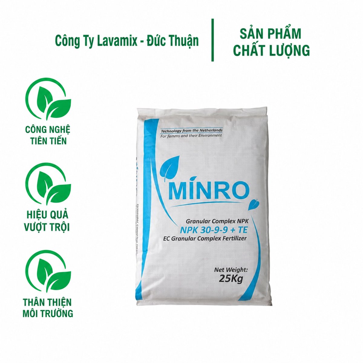 Phân bón Vô Cơ NPK MINRO 30-9-9+TE – Bao 25kg