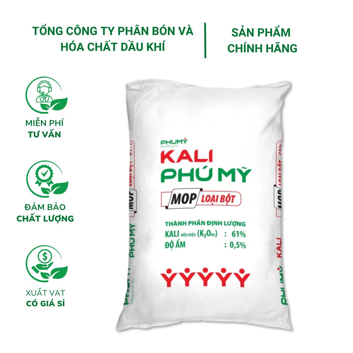 Phân bón Kali bột MOP Phú Mỹ (Bao 50kg) – Giúp cây cứng, chịu rét, giảm lốp đổ, sâu bệnh, năng suất cao