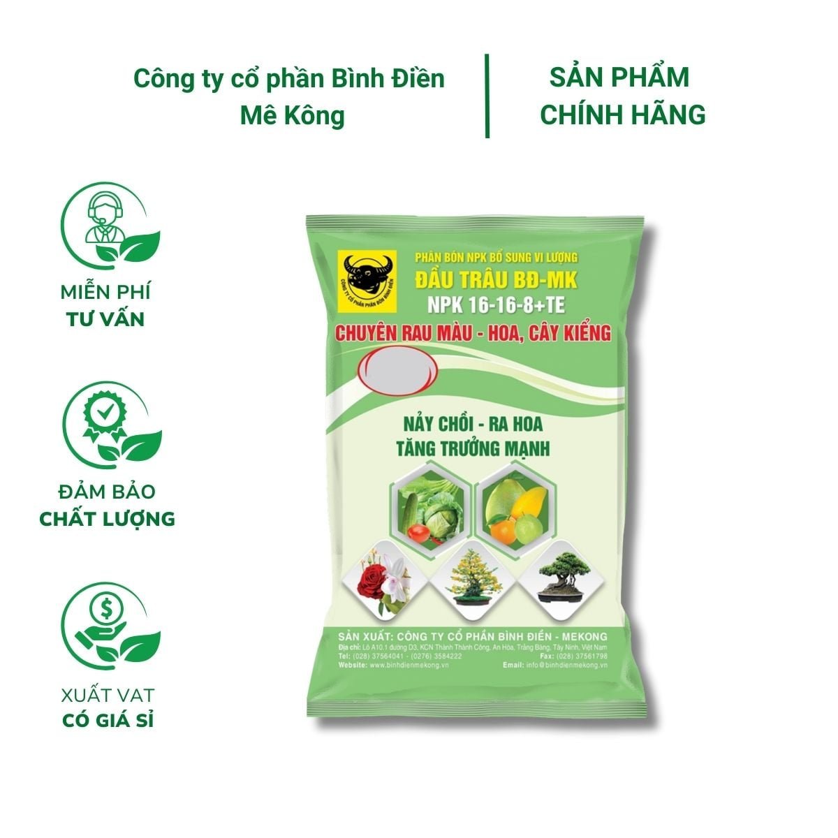 Phân bón đầu trâu NPK 16-16-8+TE (1kg) – Tăng trưởng mạnh, ra hoa và đậu trái cho cây trồng