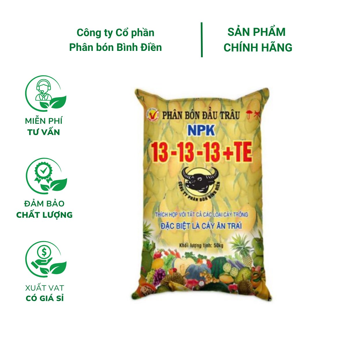 Phân bón Đầu Trâu BQC 13-13-13 + TE – Bao 25kg