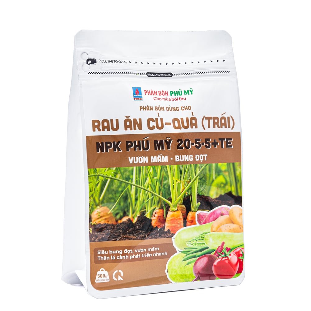 Phân NPK Phú Mỹ 20-5-5 + TE Rau ăn củ – quả – Gói 500gram