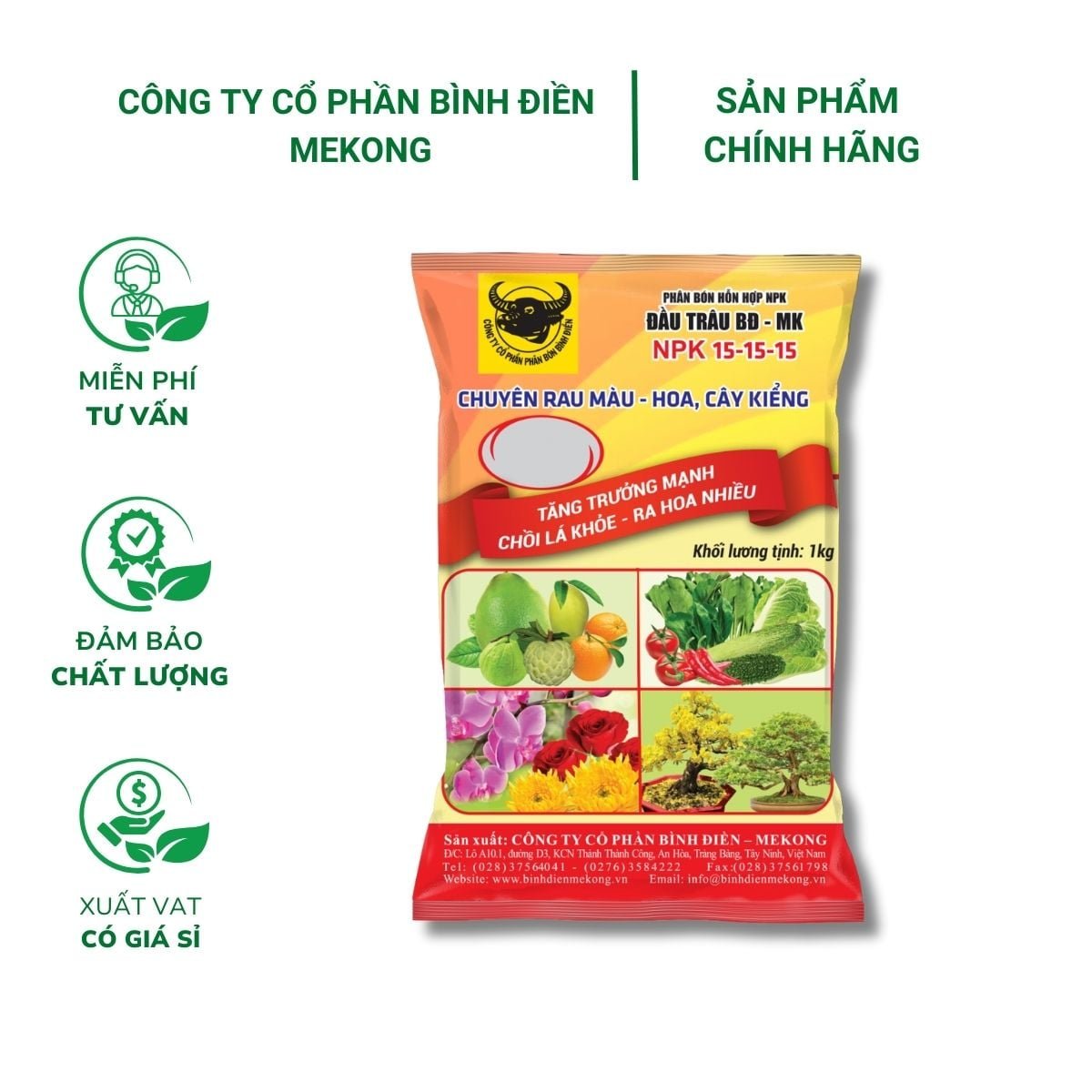 Phân bón đầu trâu NPK 15-15-15 tăng trưởng mạnh, chồi lá khỏe, ra hoa nhiều – Gói 1kg