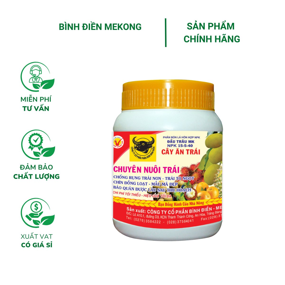 Phân bón đầu trâu MK NPK 15-5-40 lớn trái, chắc hạt – Chai 100 gram