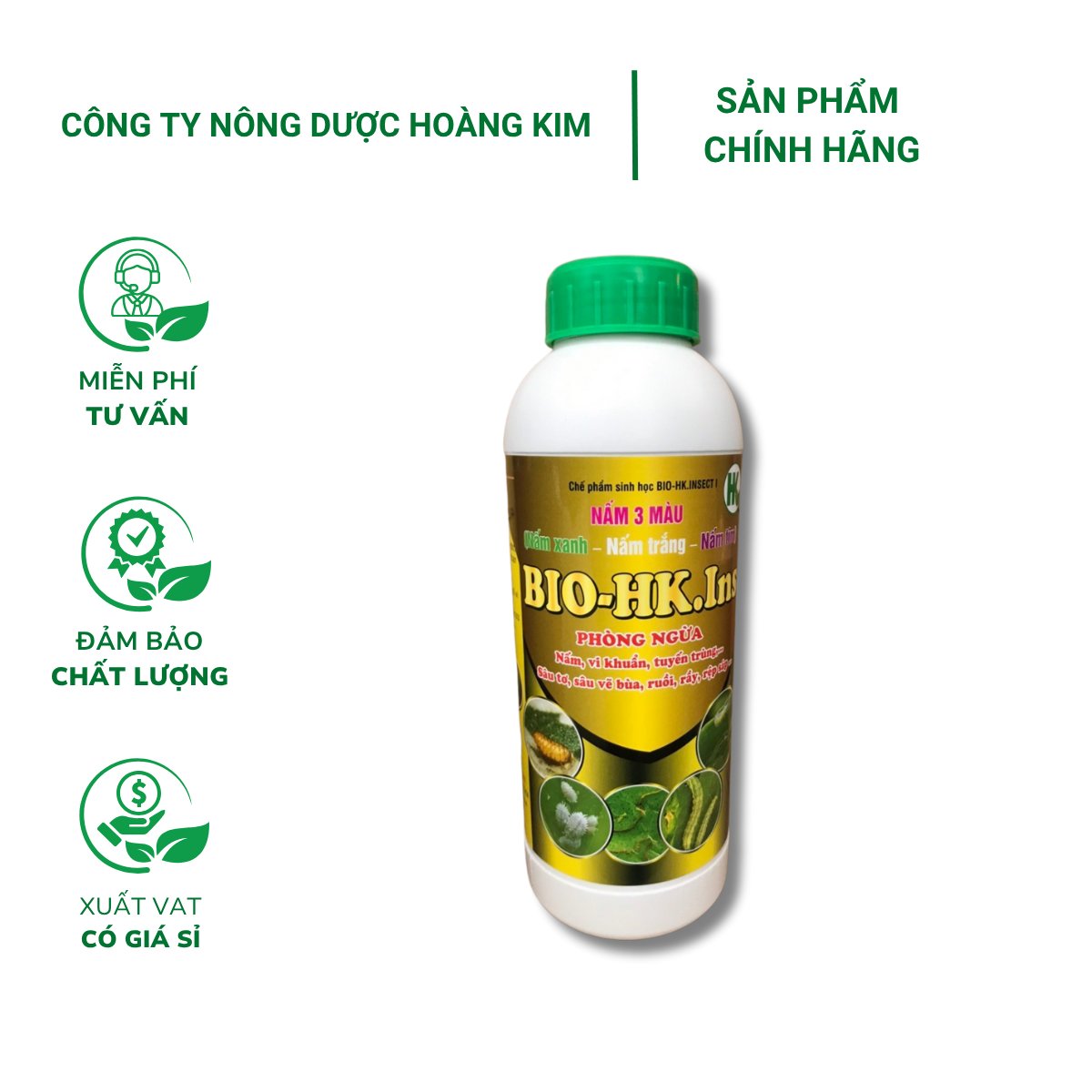 Nấm 3 màu BIO-HK. INS (Chai 1 Lít) – Phòng ngừa nấm, vi khuẩn, tuyến trùng, sâu tơ, vẽ bùa, ruồi, rầy, rệp sáp