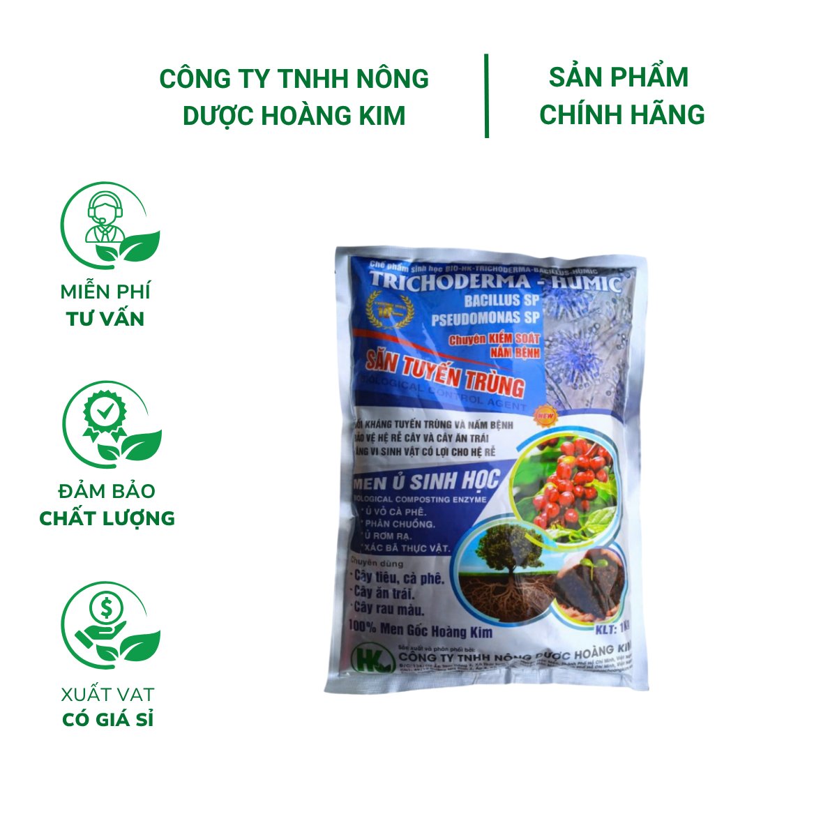 Men ủ sinh học TRICHODERMA – HUMIC HOÀNG KIM săn tuyến trùng – Gói 1kg
