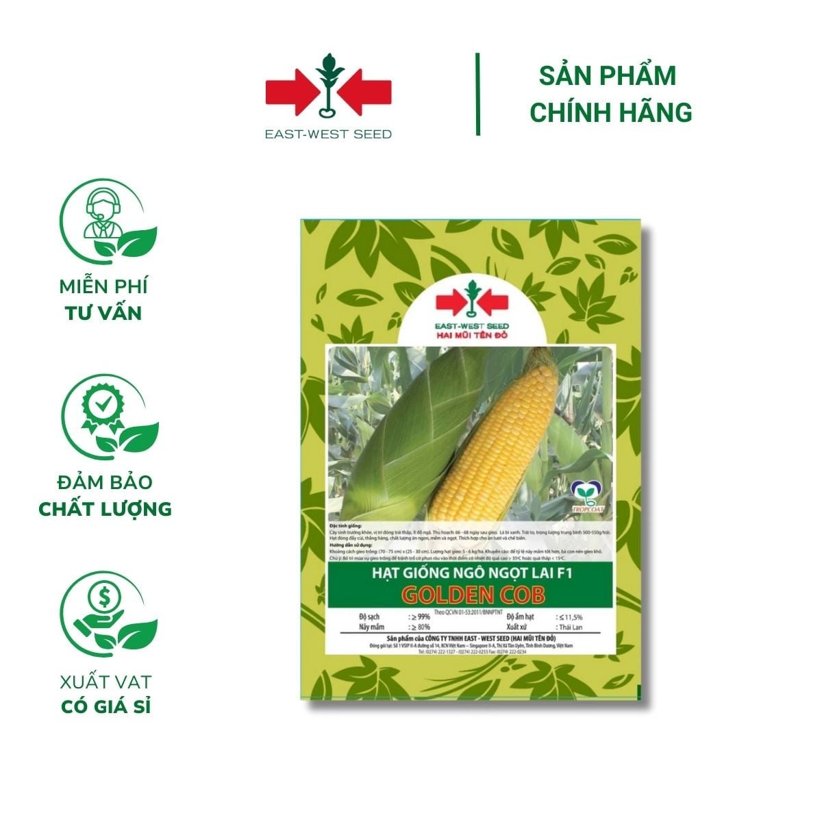 Hạt giống Ngô ngọt, Bắp Mỹ Golden Cob East-West Seed (Hai Mũi Tên Đỏ) – Gói 70 hạt
