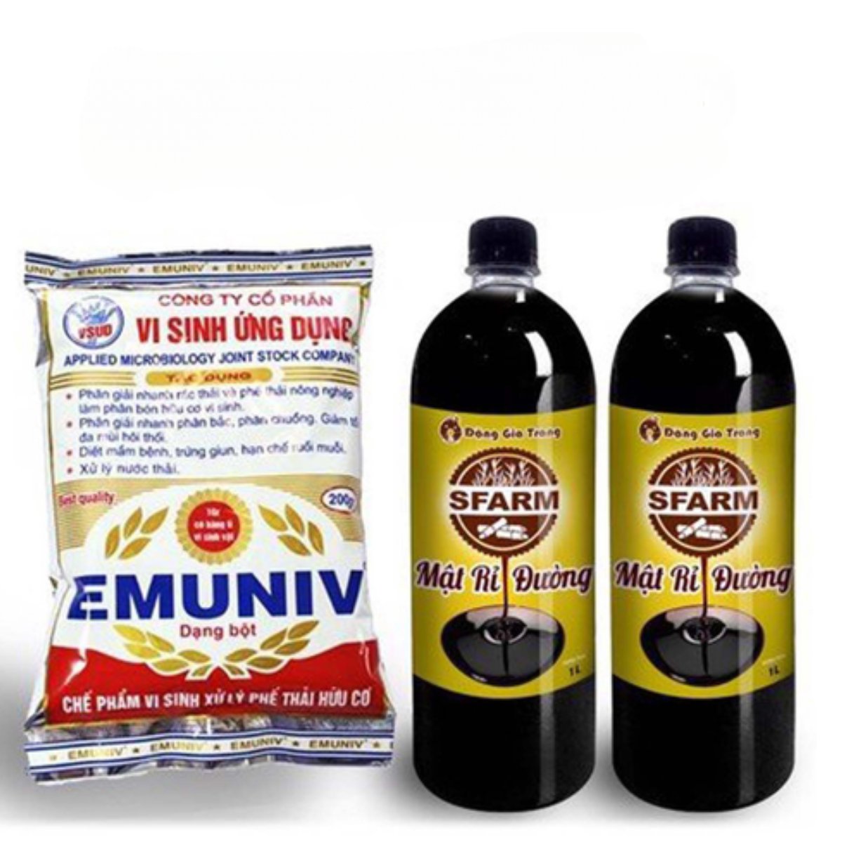 Combo bộ đôi 01 túi chế phẩm ủ rác và phân bón Emuniv 200gram và 02 chai mật rỉ đường loại 1 lít – Tại CH TP. HCM