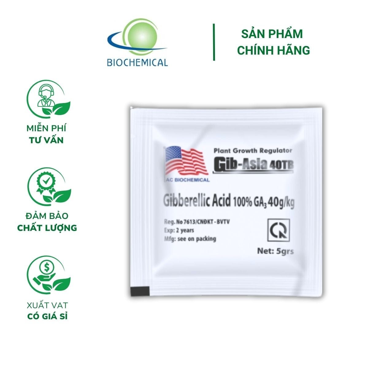 Chất kích thích sinh trưởng Gibberellic Acid 100% (GA3) – Giúp hoa trổ đều, tăng tỷ lệ đậu trái – Gói 5 gram