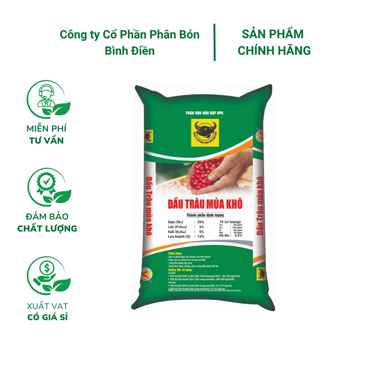 Phân bón hỗn hợp NPK Đầu Trâu Mùa Khô – Bao 50kg