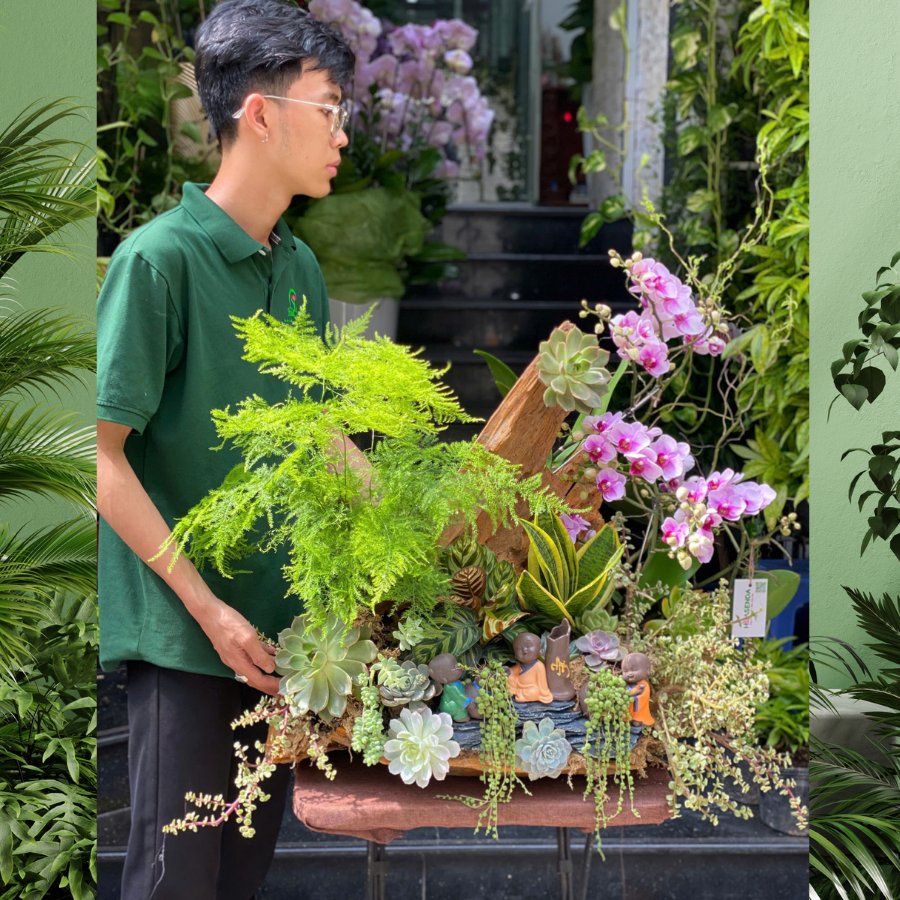 Lũa Lan Hồ Điệp Tím Mix Sen Đá và Lũa Gỗ Mang Phong Cách Phật Giáo -  Món Quà Mừng Thọ Ý Nghĩa