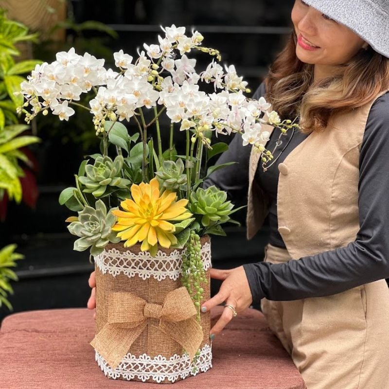 Bình Hoa Lan Hồ Điệp Đẹp Để Bàn Kết Từ Tiểu Hồ Điệp Trắng Mix Sen Đá