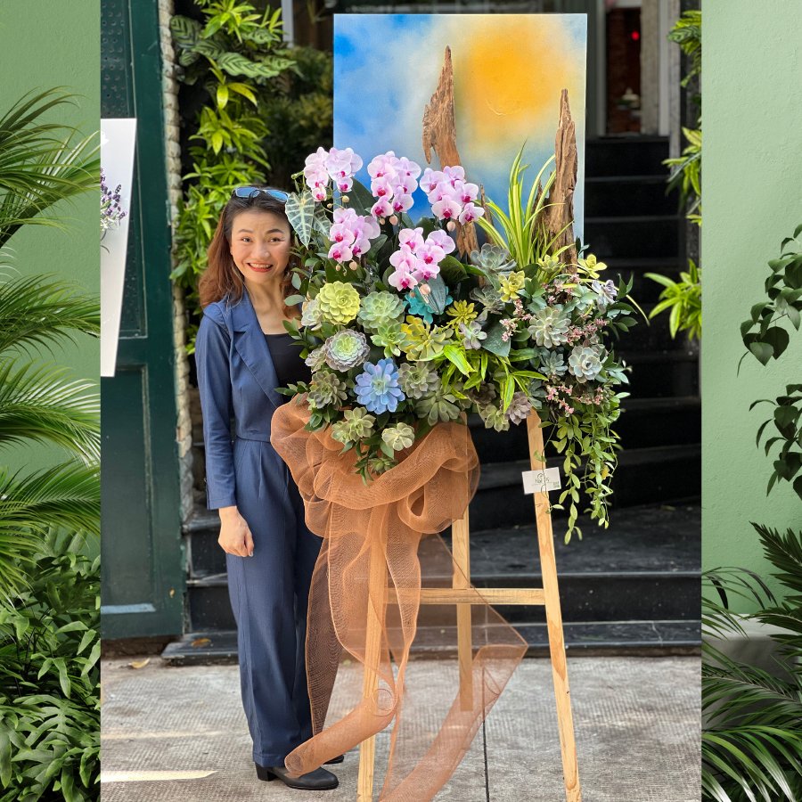 Kệ Tranh Hoa Lan Ho Diep Mix Sen Đá Decor Cùng Lũa Gỗ - Background Khai Trương Độc Lạ 2