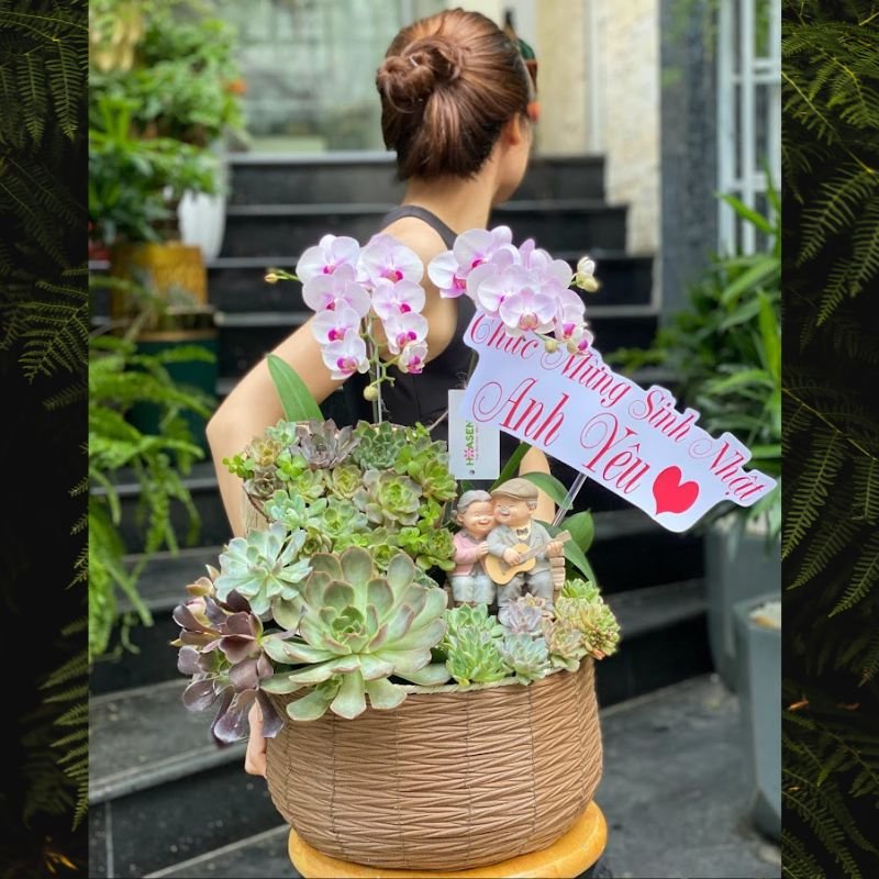 Giỏ Hoa Sen Đá Decor - Quà Kỷ Niệm Ngày Cưới Tình Yêu Vĩnh Cửu