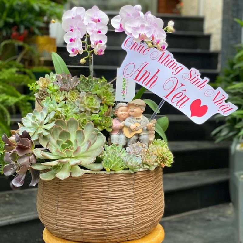 Giỏ Hoa Sen Đá Decor - Quà Kỷ Niệm Ngày Cưới Tình Yêu Vĩnh Cửu 2