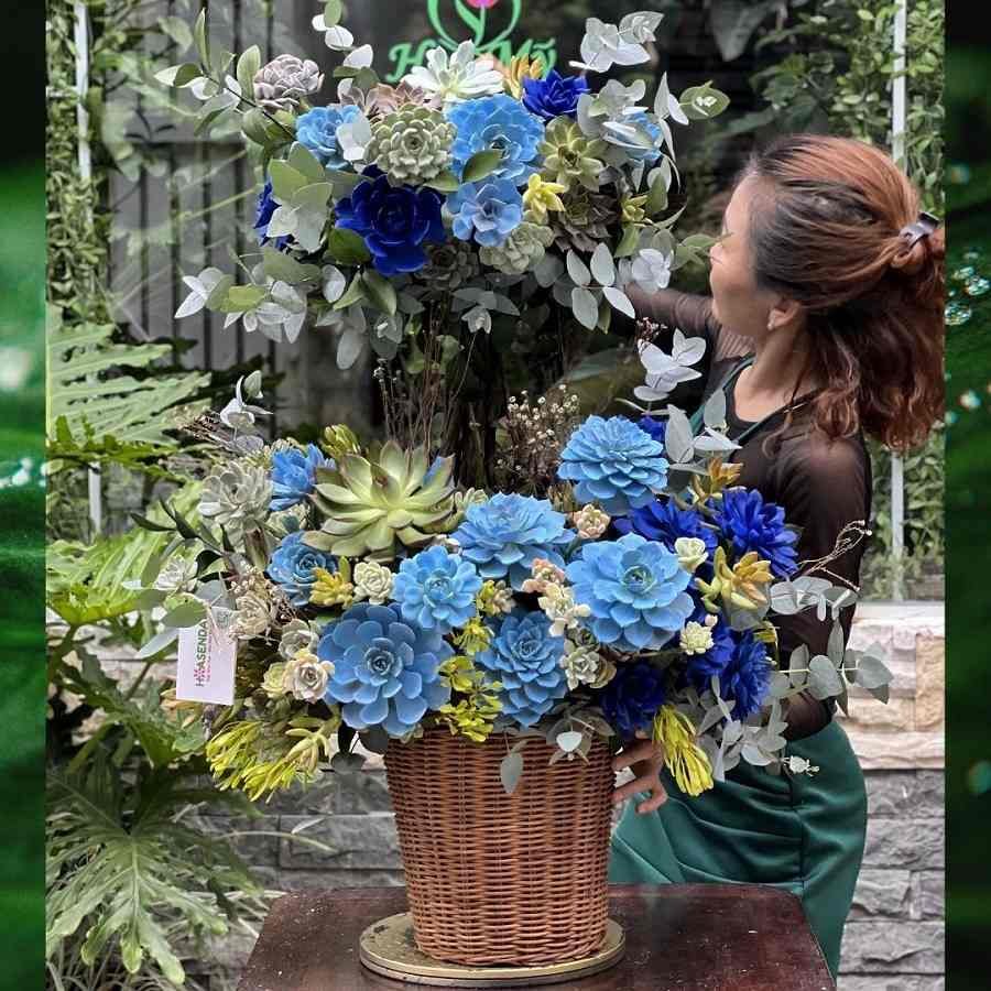 Giỏ Hoa Sen Đá Xanh Dương -  Quà Tân Gia Nhà Đại Cát, Đại 2