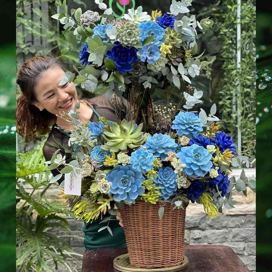 Giỏ Hoa Sen Đá Xanh Dương -  Quà Tân Gia Nhà Đại Cát, Đại