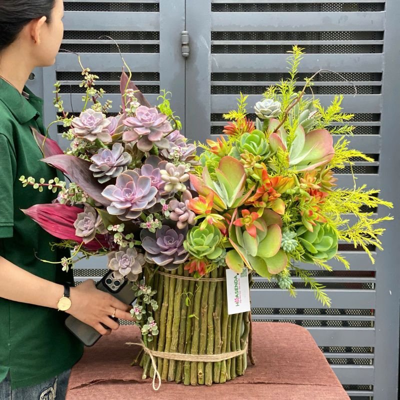 Giỏ Sen Đá Đẹp - Lẵng Hoa Sen Đá Sinh Nhật - Quà Tặng Khách Hàng Độc Đáo