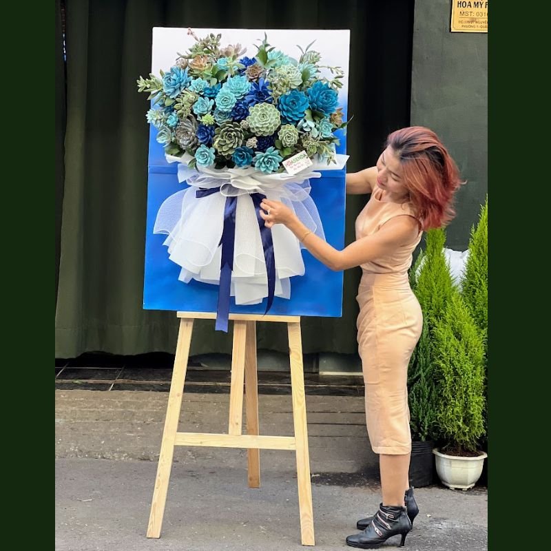 Hoa Khai Trương Tặng Đối Tác Kệ Tranh Sen Đá 3D Xanh Dương- Hoa Chúc Mừng Sang Trọng Bền Lâu