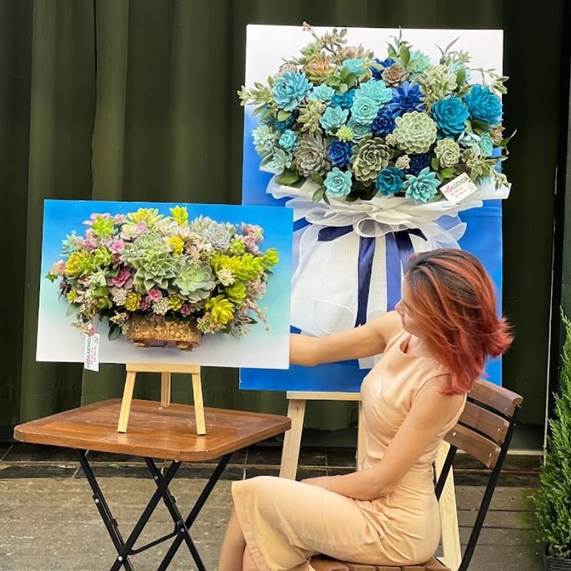 Hoa Khai Trương Tặng Đối Tác Kệ Tranh Sen Đá 3D Xanh Dương- Hoa Chúc Mừng Sang Trọng Bền Lâu 3